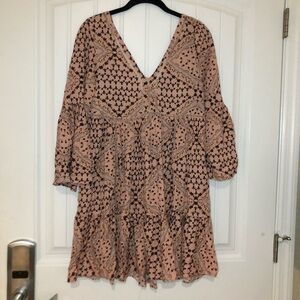 NWT Jaase Pink & Black Floral Print Ruffled Long Sleeve MIDI Dress Size Small